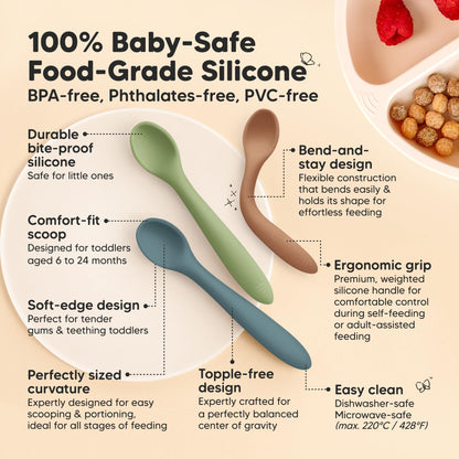 KeaBabies Silicone Baby Spoons, Self Feeding 6-12 months - 3-Pack Baby Weaning Eating Utensils, Toddler First Food Training Spoon, Infant, Kids Feeding Supplies Essential Set, Dishwasher-safe (Slate)