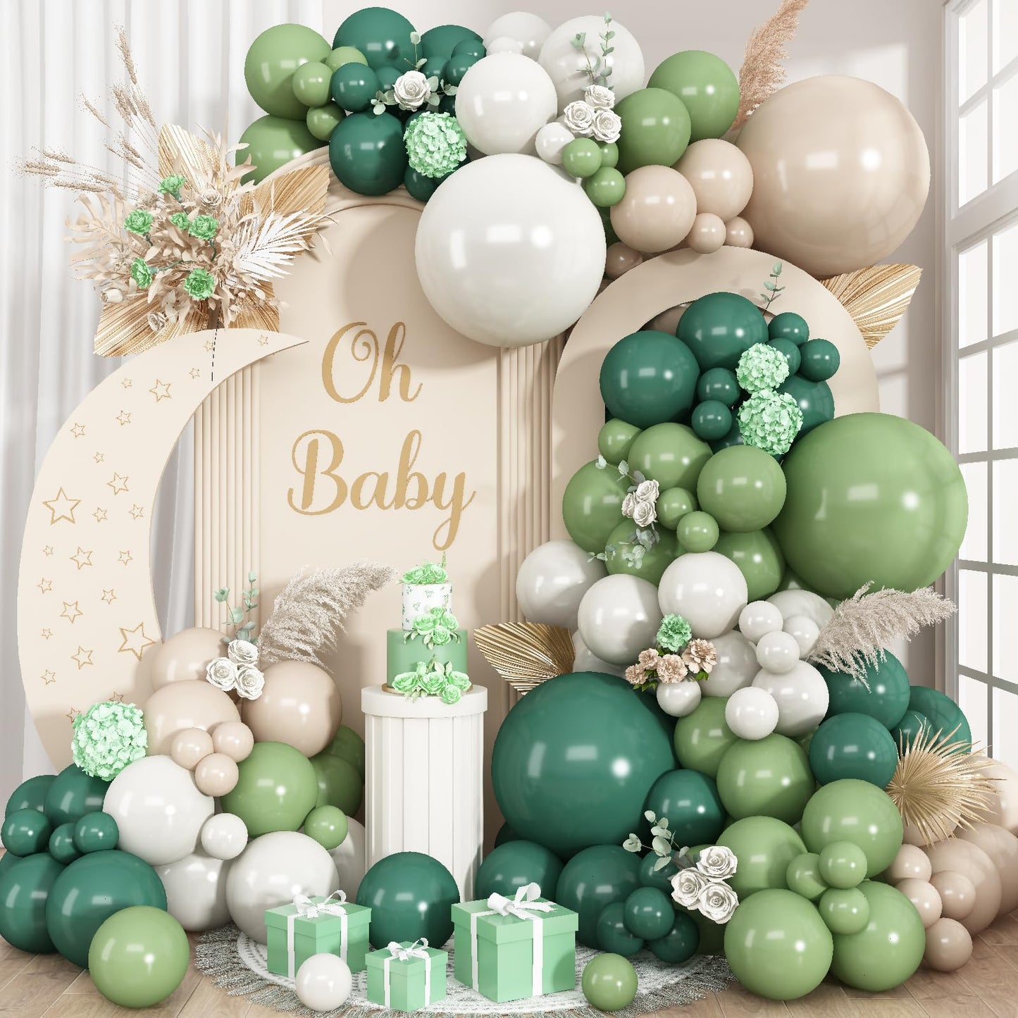 Sage Green Balloons Arch Double Stuffed, Olive Dusty Green Brown Beige Neutral Balloon Garland Kit, White Sand Apricot Tan Latex Balloon for Baby Shower Birthday Jungle Safari Party Decoration