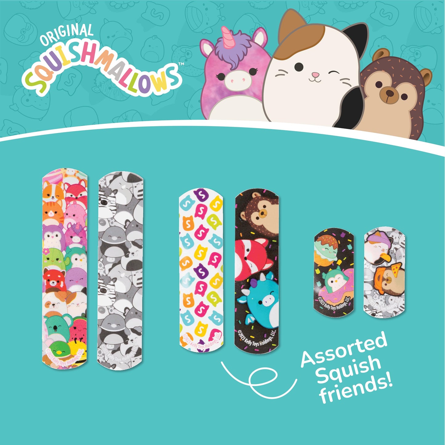 Squishmallow Bandage Kit, Cute Bandaids for Kids, Infants & Children, Latex-Free Bandages, Variety Pack of Assorted Bandages with Travel Size Tin Case, 100CT
