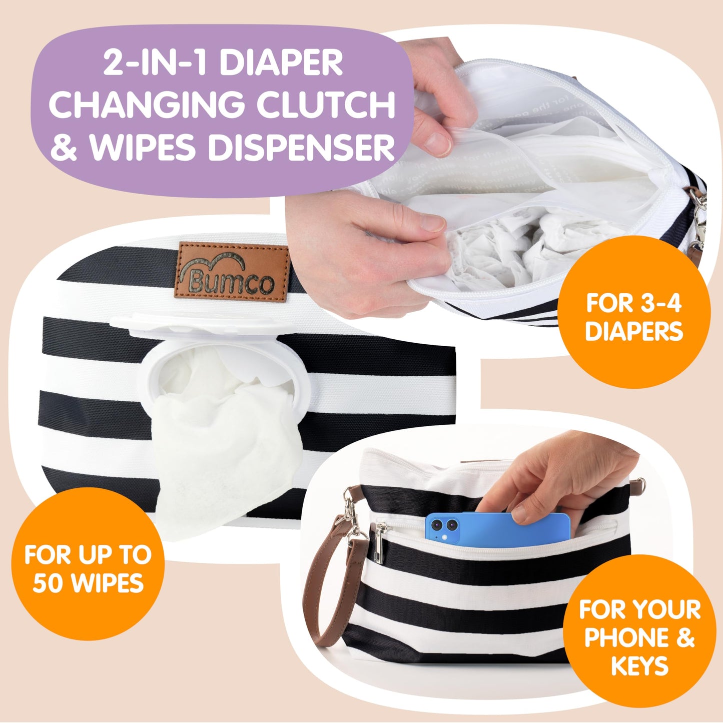 Bumco Diaper Clutch Bag with Refillable Wipes Dispenser - Water Resistant, Lightweight Diaper Pouch with on the go Wipes Dispenser, Portable Baby Wipe Dispenser, (Pink Stripes)
