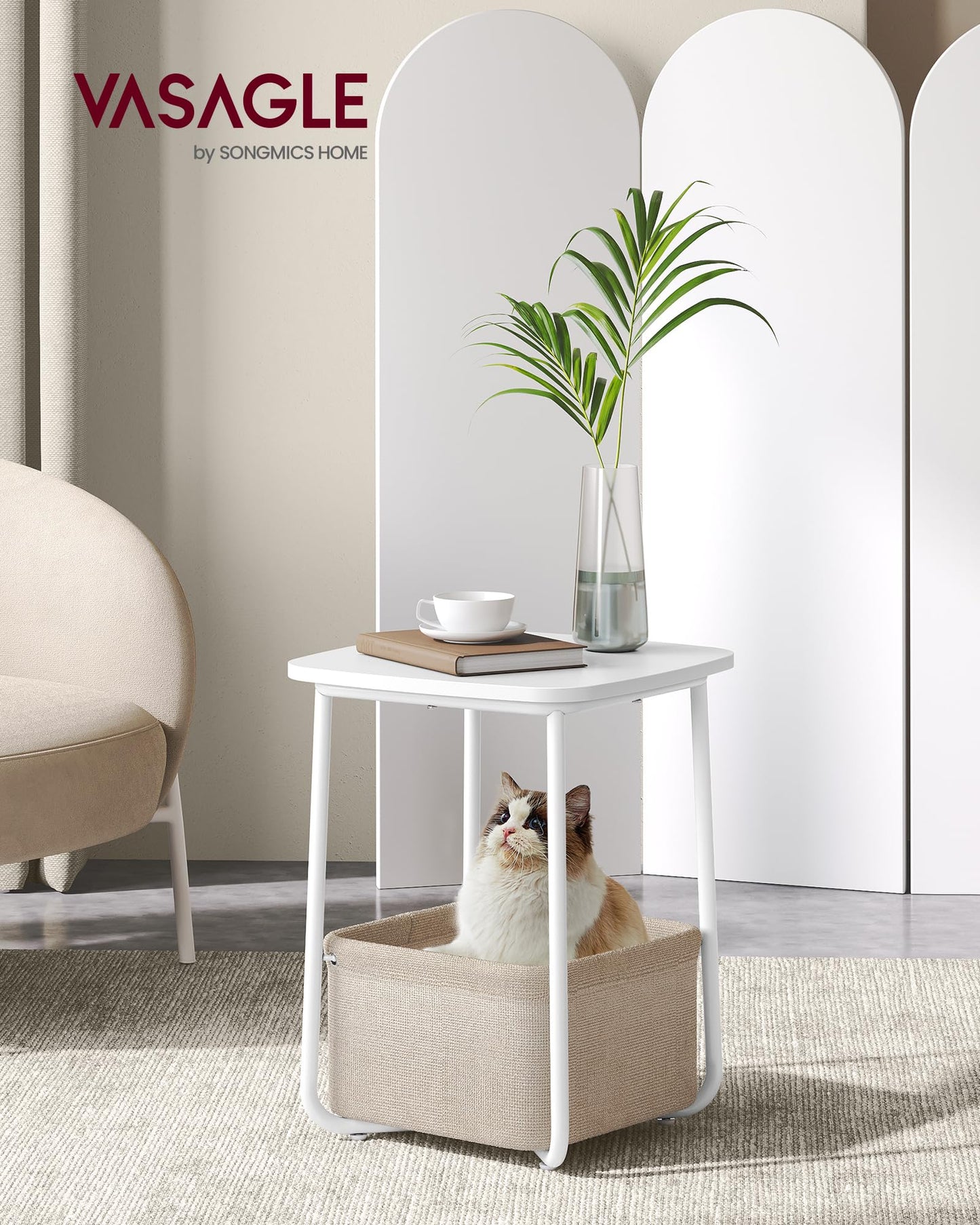 VASAGLE End Table, Small Bedside Table with Fabric Basket, Modern Nightstand, Round Side Table, for Living Room, Bedroom, Matte White and Camel Brown ULET223W10