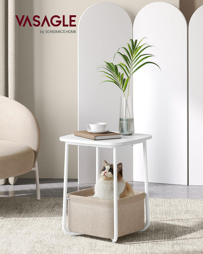 VASAGLE End Table, Small Bedside Table with Fabric Basket, Modern Nightstand, Round Side Table, for Living Room, Bedroom, Matte White and Camel Brown ULET223W10
