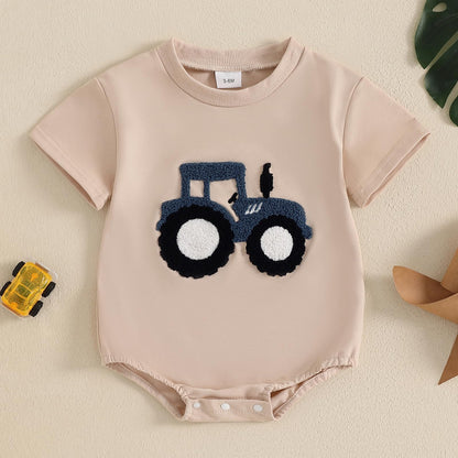 Baby Boy Summer Bubble Romper Tractor Embroidery Short Sleeve Bodysuit Infant Cute Outfit Farm Clothes