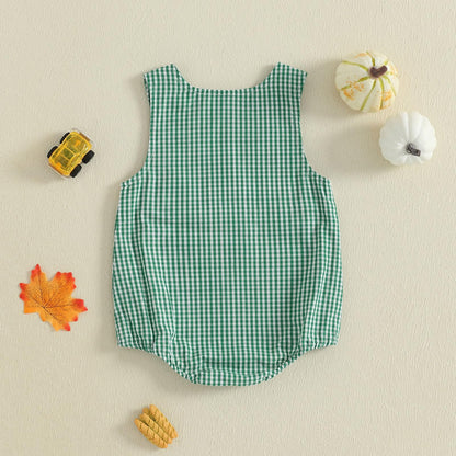Baby Girl Pumpkin Embroidery Jumpsuit Halloween Sleeveless Round Neck Plaid Tank Romper