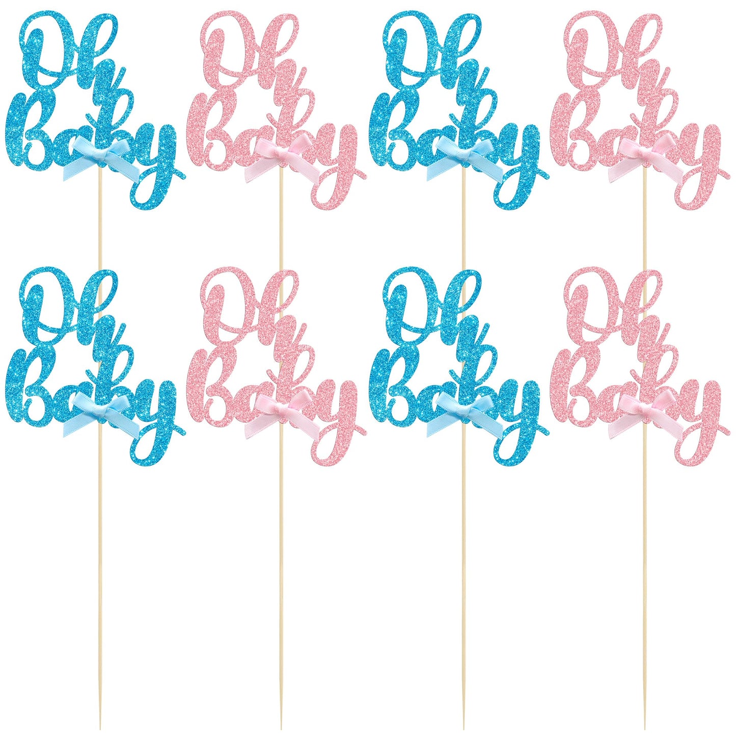 Gyufise 12Pcs Oh Baby Centerpiece Sticks Double Sided Blue Pink Bow Glitter Baby Shower Cupcake Picks Gender Reveal Table Flower Centerpieces for Baby Shower Birthday Party Supplies Gold