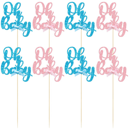 Gyufise 12Pcs Oh Baby Centerpiece Sticks Double Sided Blue Pink Bow Glitter Baby Shower Cupcake Picks Gender Reveal Table Flower Centerpieces for Baby Shower Birthday Party Supplies Gold
