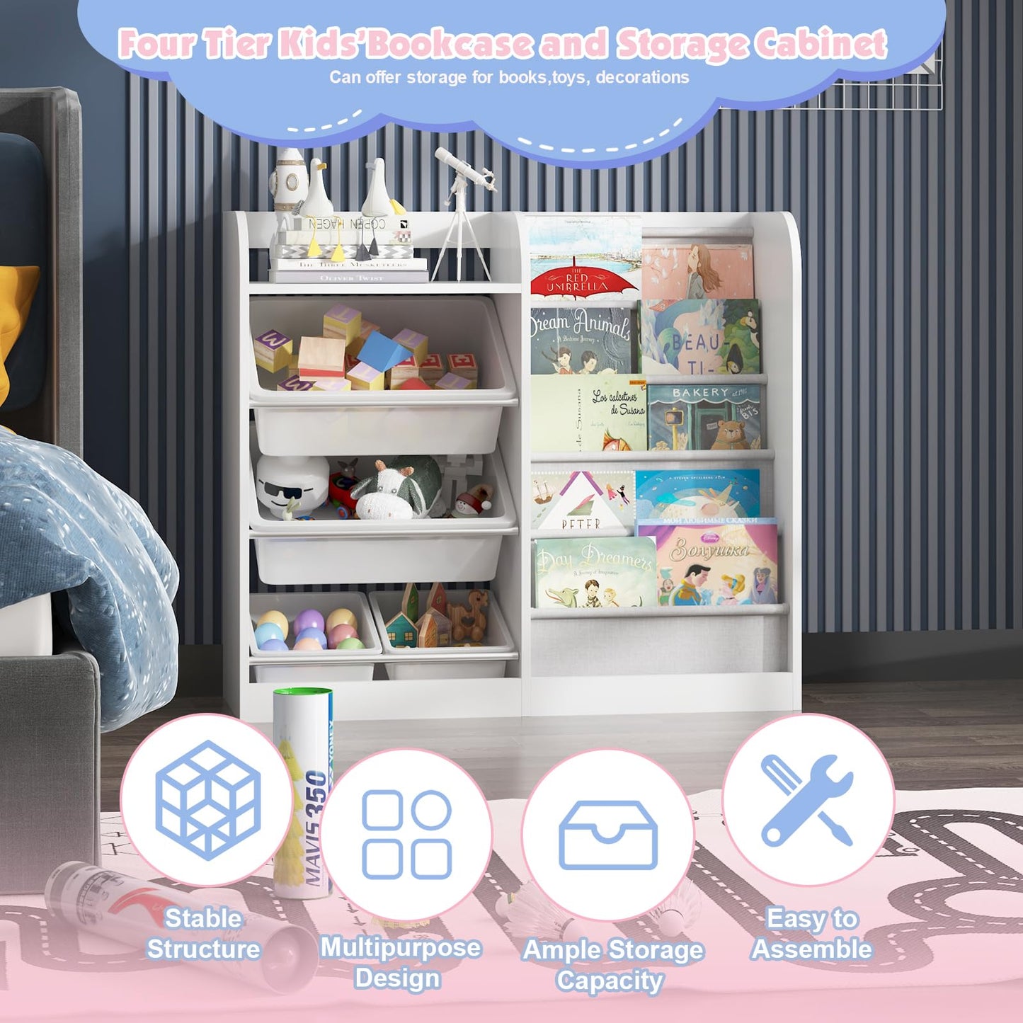 White Kids Bookshelf Wood Toy Storage Organizer Cabinet Children Bookcase Toddler Baby Sling Book Rack 3 Cube Bins Fabric Drawers for Playroom Bedroom Nursery School