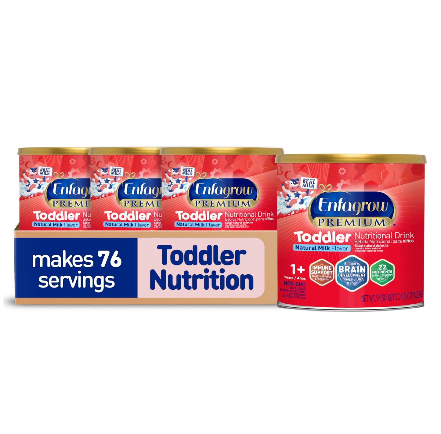 Enfagrow PREMIUM Toddler Nutritional Drink, Made with Real Milk, Brain-Building Omega-3 DHA, Nutrients and Prebiotics for Growth & Immune Support, Non-GMO, Toddler Milk Powder, 24 Oz Can