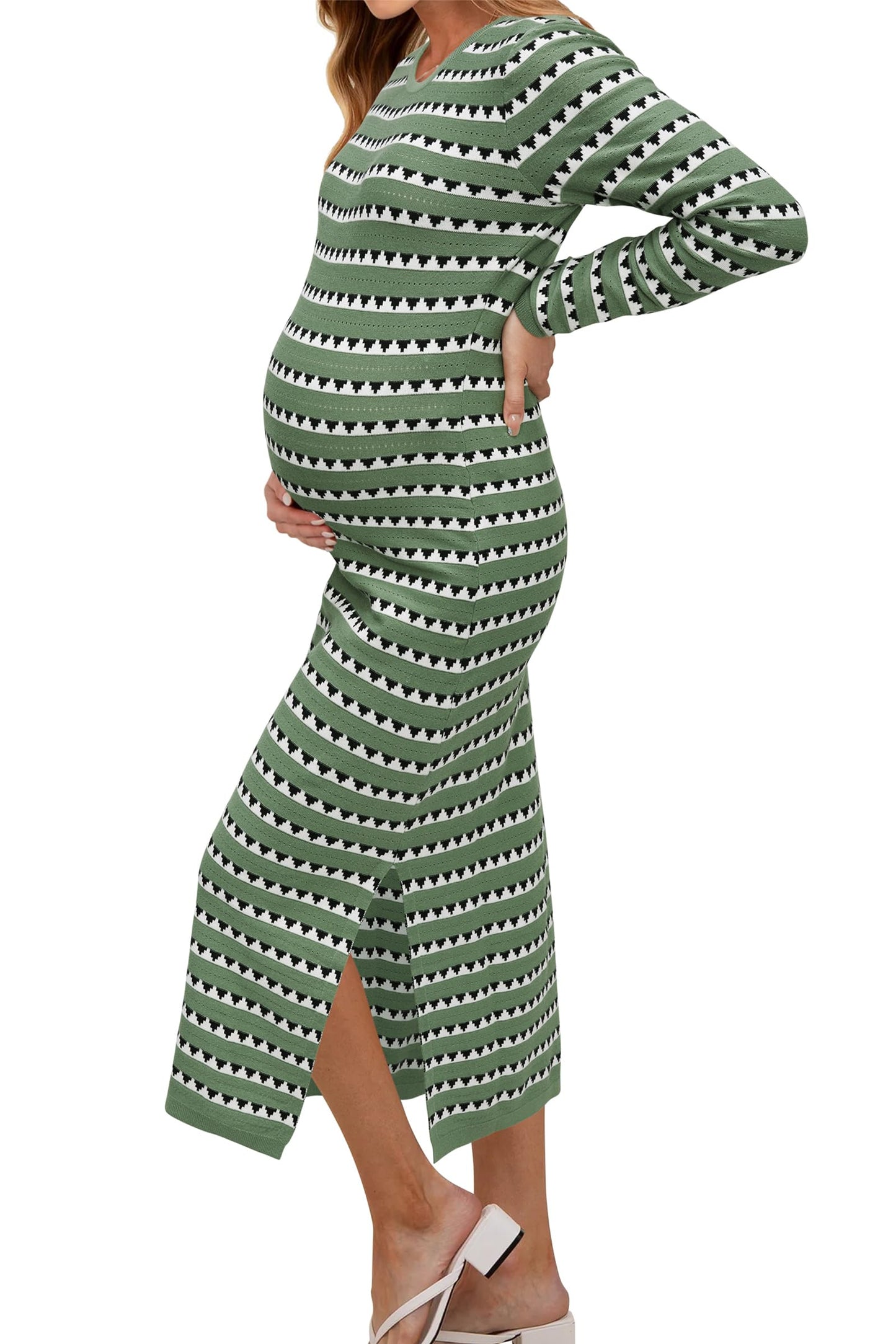 OUGES Women's 2025 Summer Maternity Dress Knit Sleeveless Crewneck Midi Dress Side Slit Striped Bodycon Sweater Dress