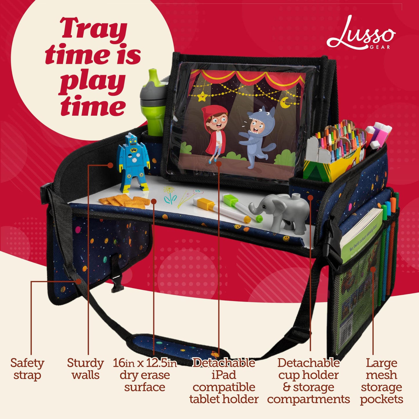 Lusso Gear Kids Travel Tray 2-Pack for Car Seats - Car Seat Tray with Tablet Stand, Mesh Pockets and Cup Holder - Road Trip Essentials Organizer and Activity Desk (Black)