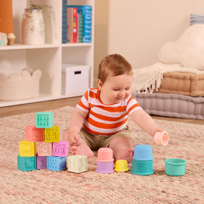 B. toys – Sensory Baby Toys – Soft Baby Blocks – Stacking Drip Cups – Numbers, Shapes & Animals – 6 Months + – Stackin' Squishies