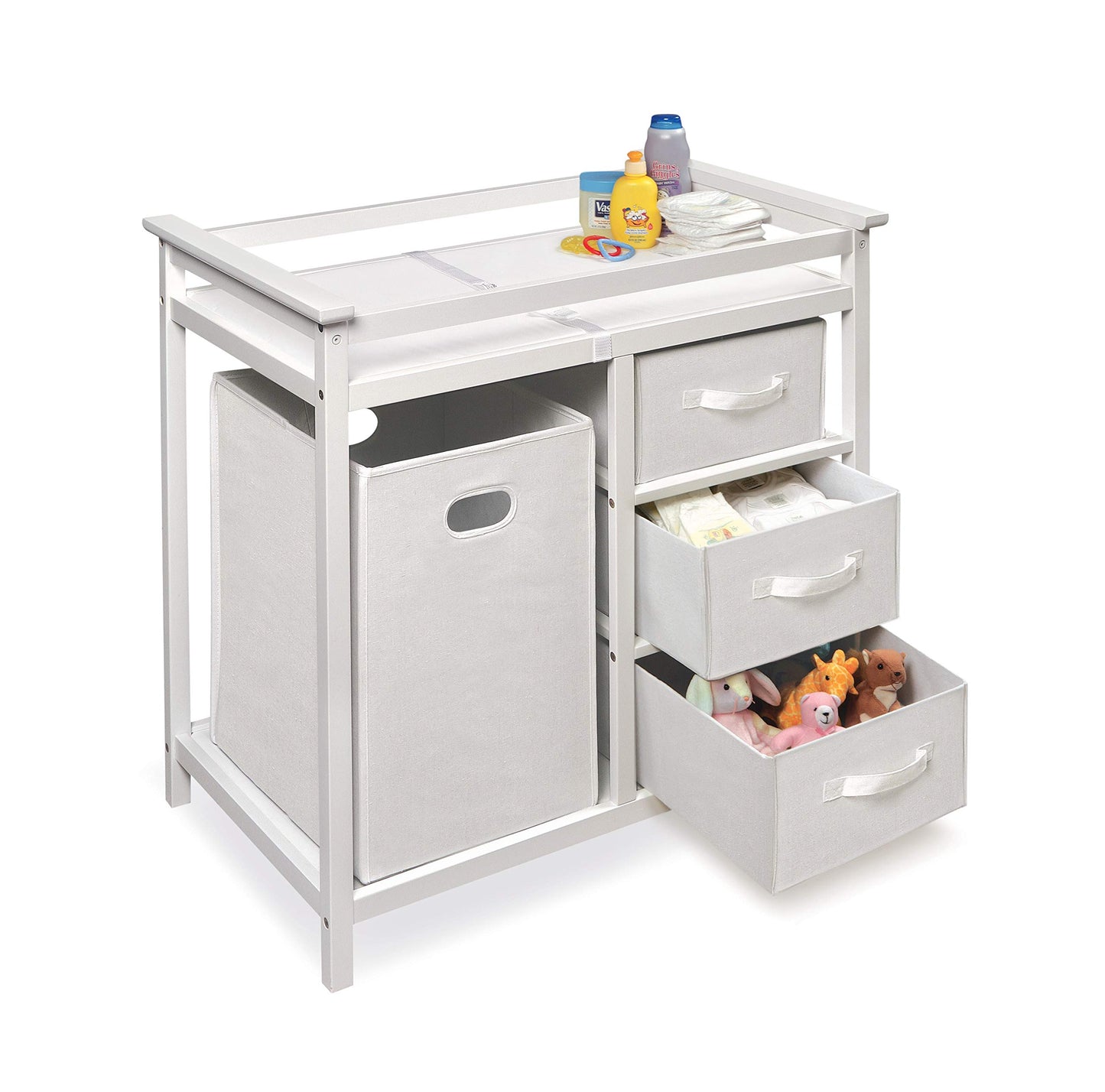 Badger Basket Modern Baby Changing Table - Portable Diaper Station with 3 Drawers Pad & Hamper - Storage Organizer for Baby Clothes, Diapers & Toys - Fresh White/White (34.25 x 20.75 x 34.5)