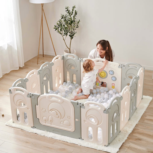 Fortella Cloud Castle Foldable Playpen, Baby Safety Play Yard with Whiteboard and Activity Wall, Indoors or Outdoors (Multicolor 14 Panel)