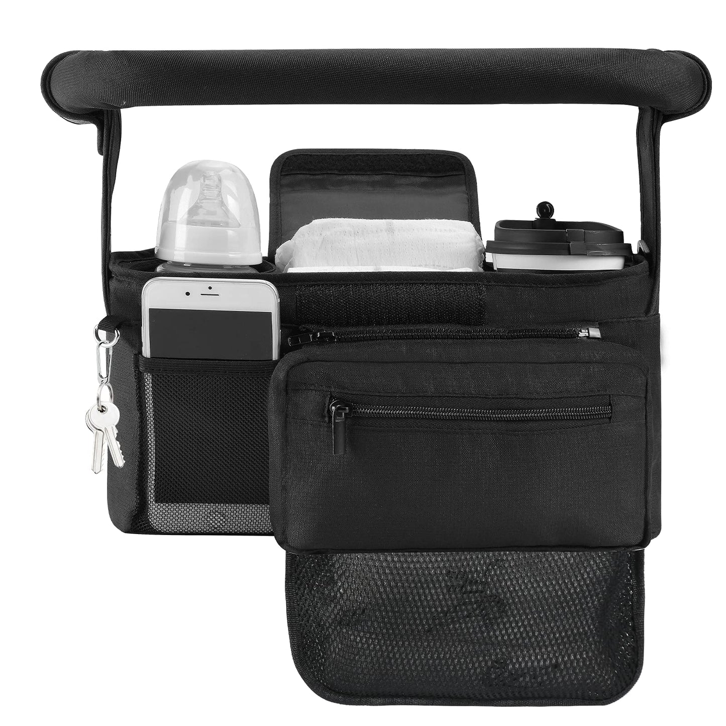 Momcozy Universal Stroller Organizer, 2 Insulated Cup Holders, Removable Zip Pocket, Adjustable Straps, Large Capacity Baby Essentials Compact Design, Fits Any Stroller (Multicolor)