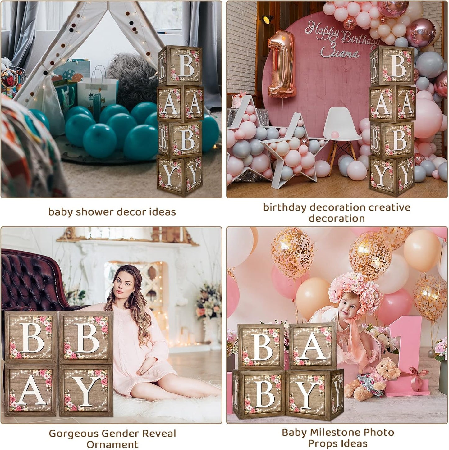 Epakh Baby Boxes with Letters for Baby Shower, Rustic Floral Brown Blocks Bear Box Birthday Party Gender Reveal Photo Props for Girl Boy