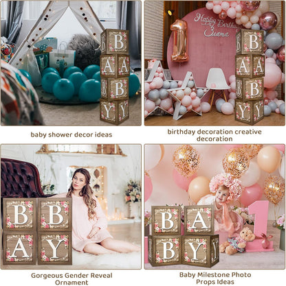 Epakh Baby Boxes with Letters for Baby Shower, Rustic Floral Brown Blocks Bear Box Birthday Party Gender Reveal Photo Props for Girl Boy