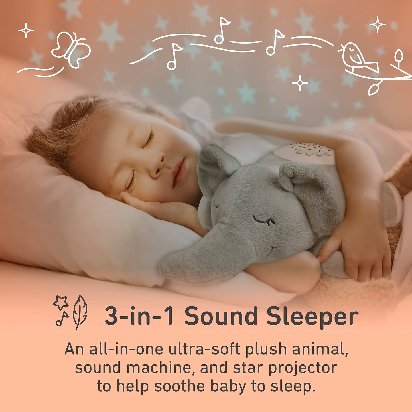 PureBaby Sound Sleepers Portable Sound Machine & Star Projector - Plush Sleep Aid for Baby and Toddlers with Soothing Night Light Display, 10 Lullabies, White Noise, and Heartbeat Sounds (Unicorn)