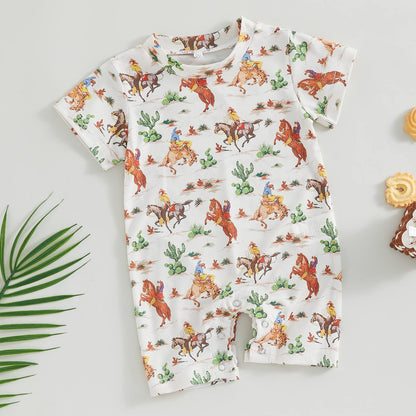 Gueuusu Country Baby Clothes Boy Girl Western Cow Print Short Sleeve Romper Bodysuit Ribbed One Piece Jumpsuit Summer Outfit