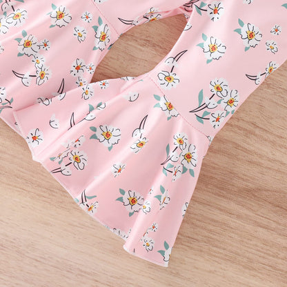 Fernvia Infant Baby Girl Clothes Suspenders Short Sleeve Ribbed Romper Flared Pants Set Headband 3pcs Summer Outfit