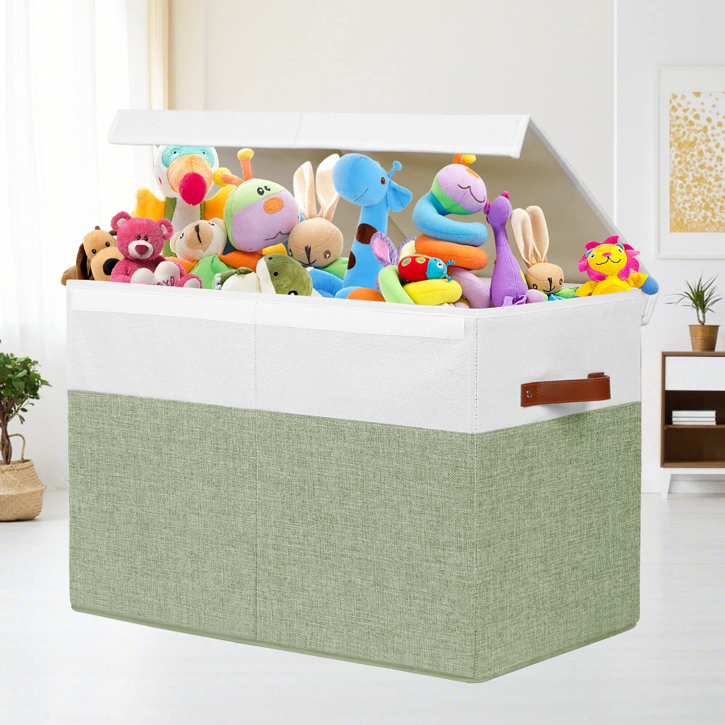 Large Toy Storage Box with Lid, Sturdy Toys Storage Chest Bin Organizer Basket with Dividers for Kids, Boys, Girls, Nursery, Closet, Bedroom, Playroom 25"x13" x16" (Beige and White)
