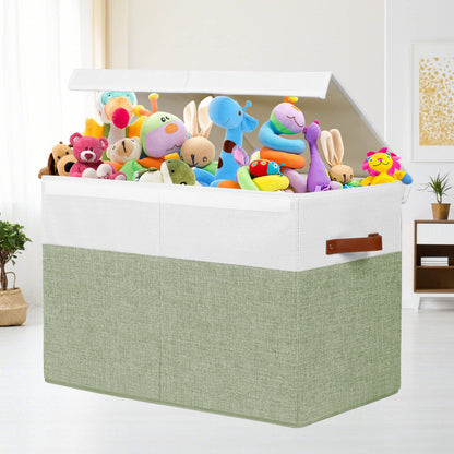 Large Toy Storage Box with Lid, Sturdy Toys Storage Chest Bin Organizer Basket with Dividers for Kids, Boys, Girls, Nursery, Closet, Bedroom, Playroom 25"x13" x16" (Beige and White)