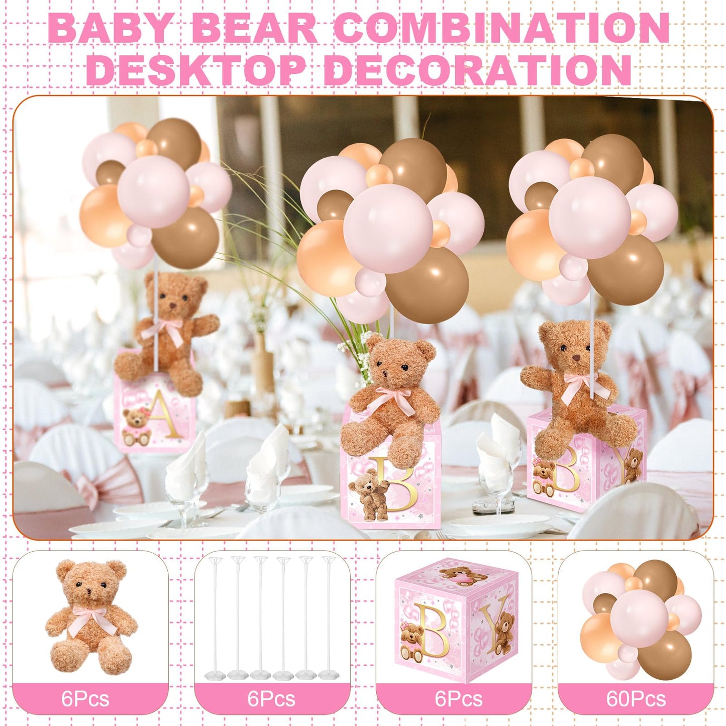 Lenwen 6 Sets Pink Bear Decorations for Baby Shower, Baby Letter Boxes Baby Shower Table Centerpieces Bear Stuffed Animals Balloon with Stand Bear Plush Toy Baby Boxes for Birthday Party Wedding