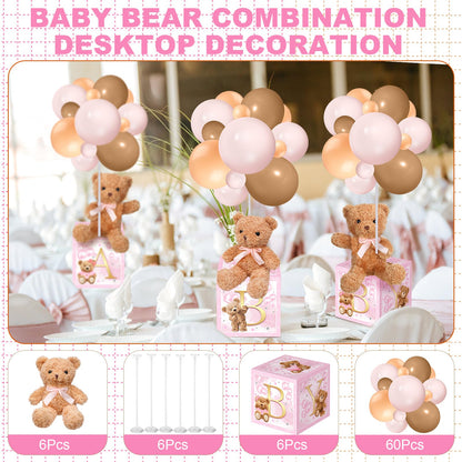Lenwen 6 Sets Pink Bear Decorations for Baby Shower, Baby Letter Boxes Baby Shower Table Centerpieces Bear Stuffed Animals Balloon with Stand Bear Plush Toy Baby Boxes for Birthday Party Wedding