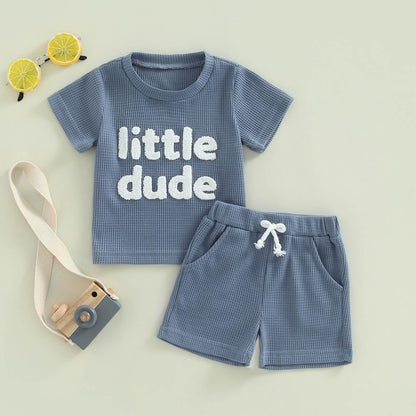 Toddler Baby Boy Summer Clothes Embroidered Waffle Short Sleeve T-Shirts Elastic Shorts Newborn Infant Boy Outfits
