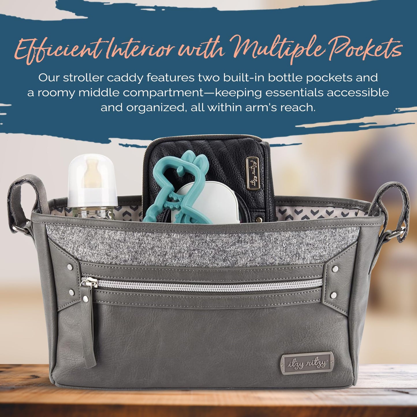 Itzy Ritzy Adjustable Stroller Caddy and Organizer Bag Featuring Front Zippered Pocket, 2 Built-in Interior Pockets & Adjustable Straps to Fit Nearly Any Stroller (Chai)