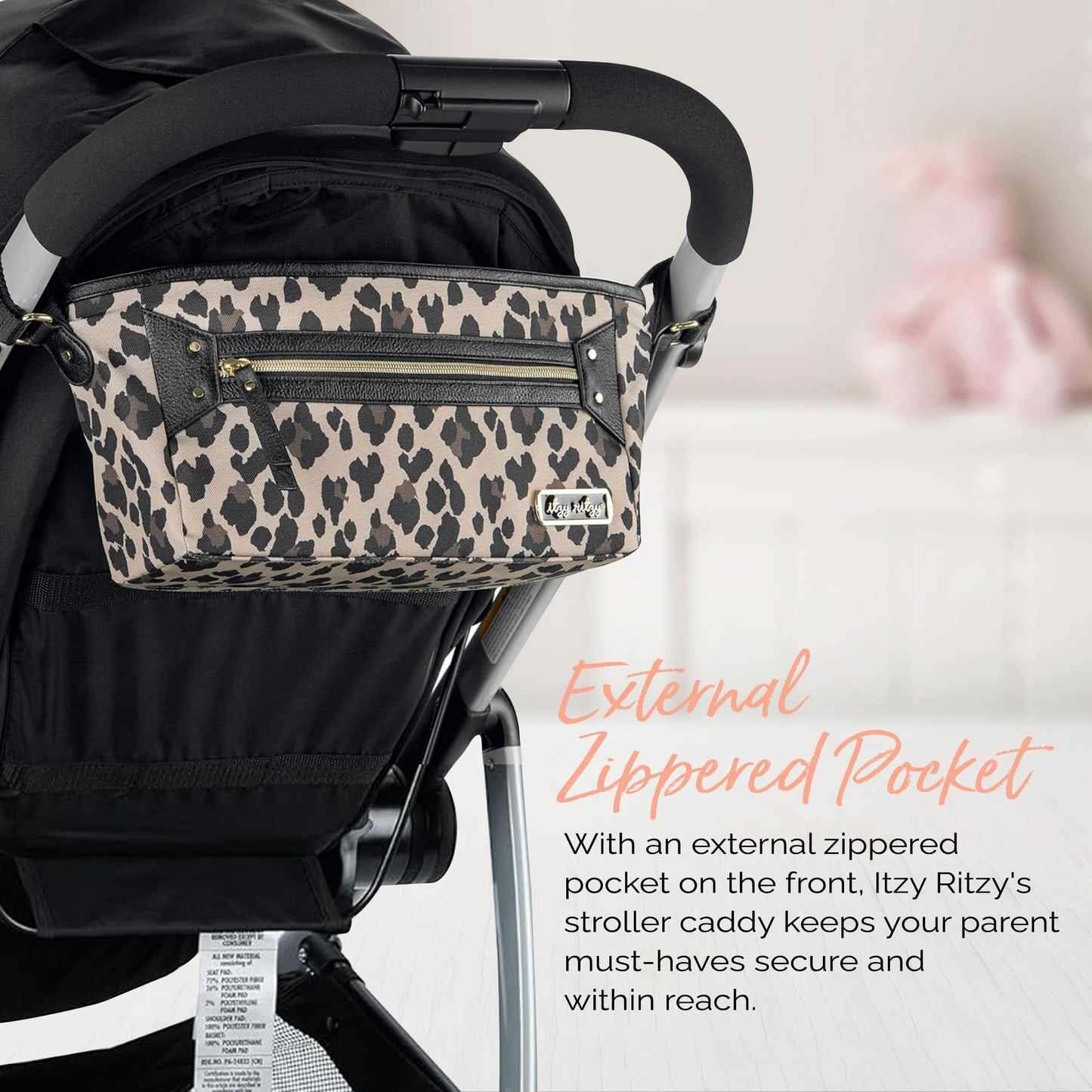 Itzy Ritzy Adjustable Stroller Caddy and Organizer Bag Featuring Front Zippered Pocket, 2 Built-in Interior Pockets & Adjustable Straps to Fit Nearly Any Stroller (Chai)