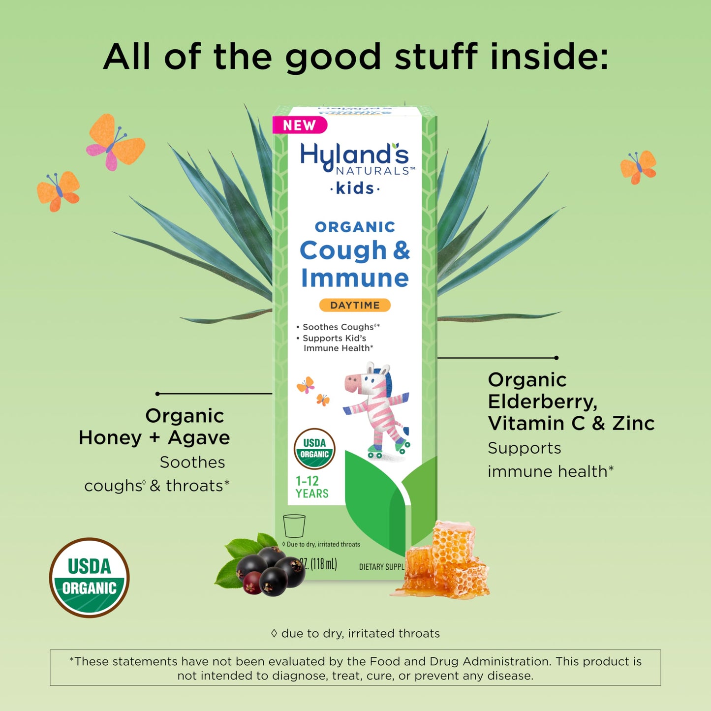 Hyland's Kids Nighttime Organic Cough Syrup and Immune Support with Agave, Elderberry and Pomegranate, Soothes Cough, and Supports Immunity, 4 Fl. Oz.