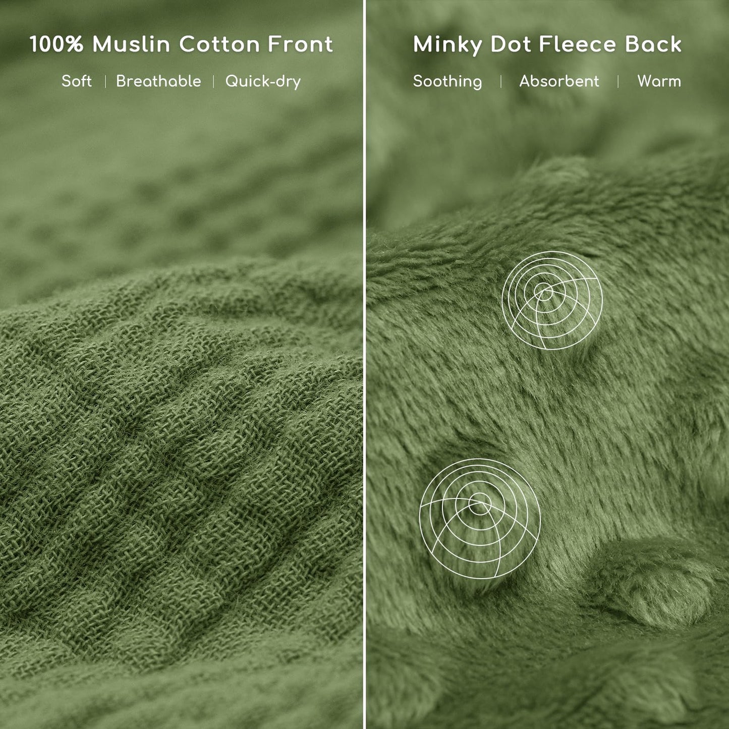 Baby Bath Towels for Newborn 100% Muslin Cotton and Minky Dot Fabric Neutral Hooded Baby Towels Set 2 Pack for Boys Girls Ultra Soft and Absorbent 30 x 30 Inch Green & Plant