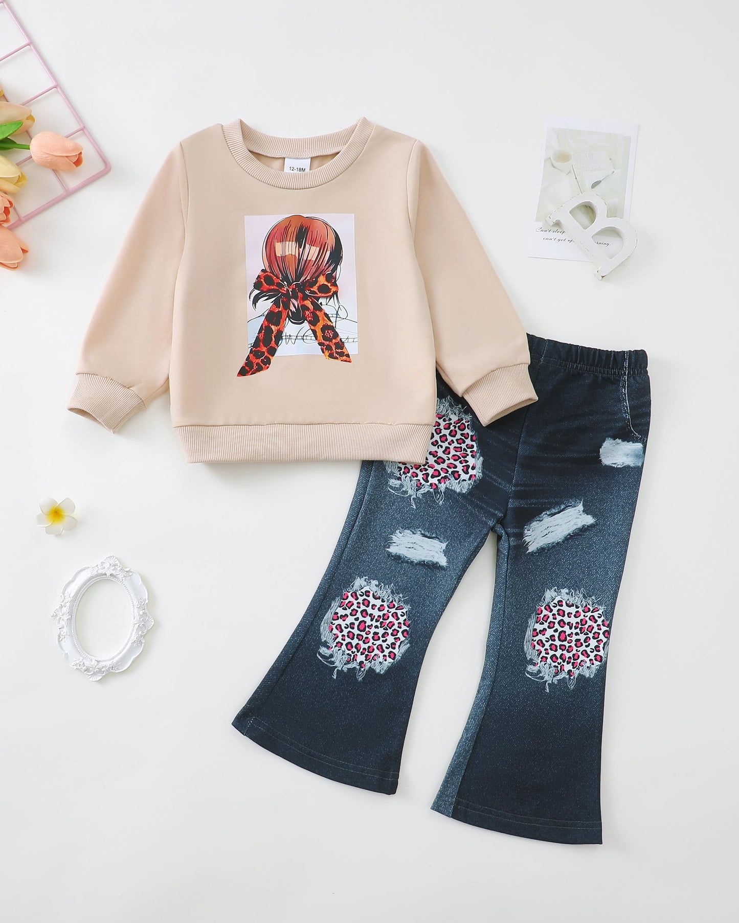 Renotemy Toddler Baby Girl Clothes Fall Winter Outfits Gifts Sweatshirt Bell Bottom Jeans Pants for 12Months-5 Year Girls