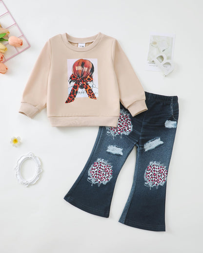 Renotemy Toddler Baby Girl Clothes Fall Winter Outfits Gifts Sweatshirt Bell Bottom Jeans Pants for 12Months-5 Year Girls