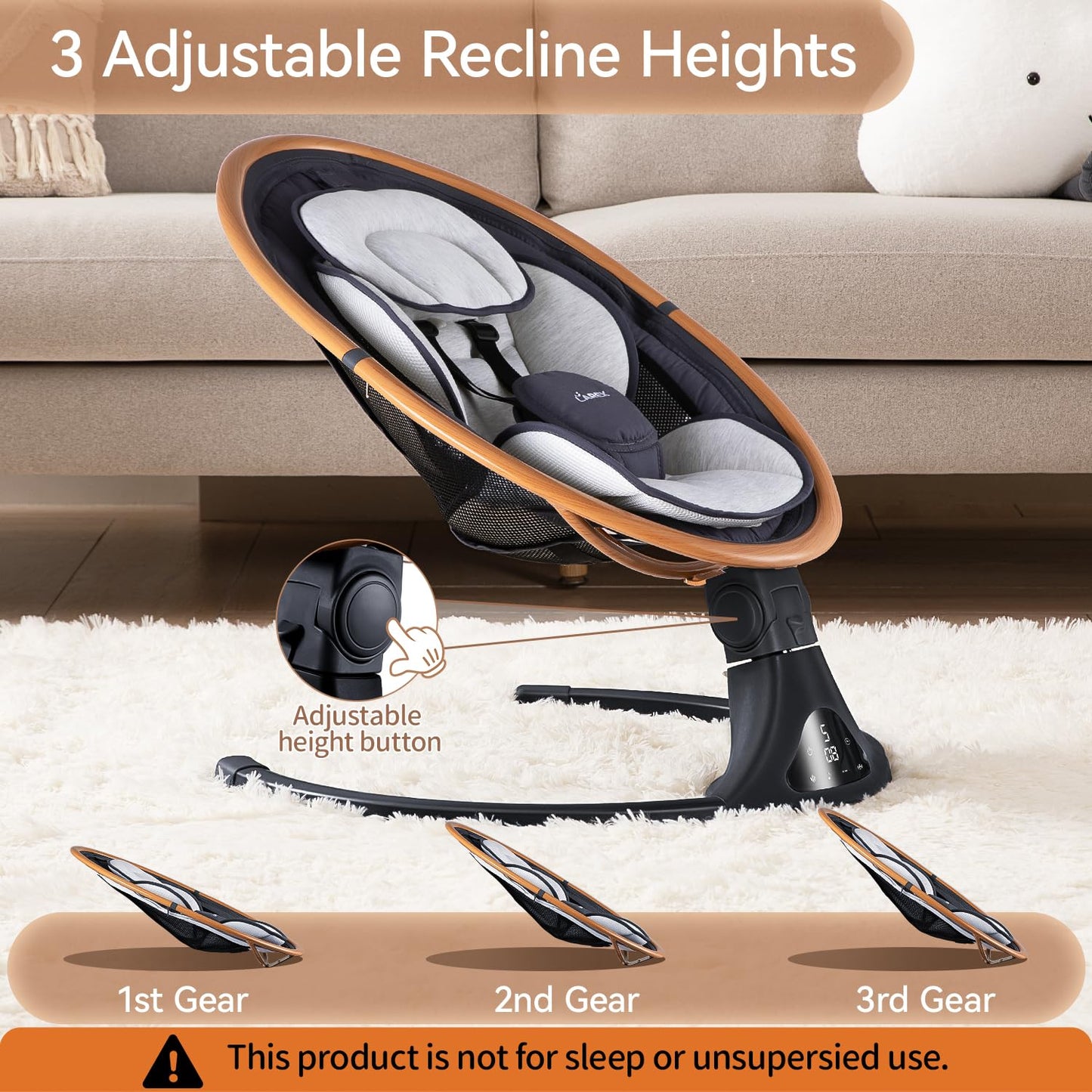 LAREX Baby Swing to Toddler Electric Infant Swing Portable for Newborn Boy Girl, 5 Sway Speeds with Remote Control, 12 Preset Melodies and Bluetooth, 0-6 Months Max 20 Lbs(Dark Wood Grain)