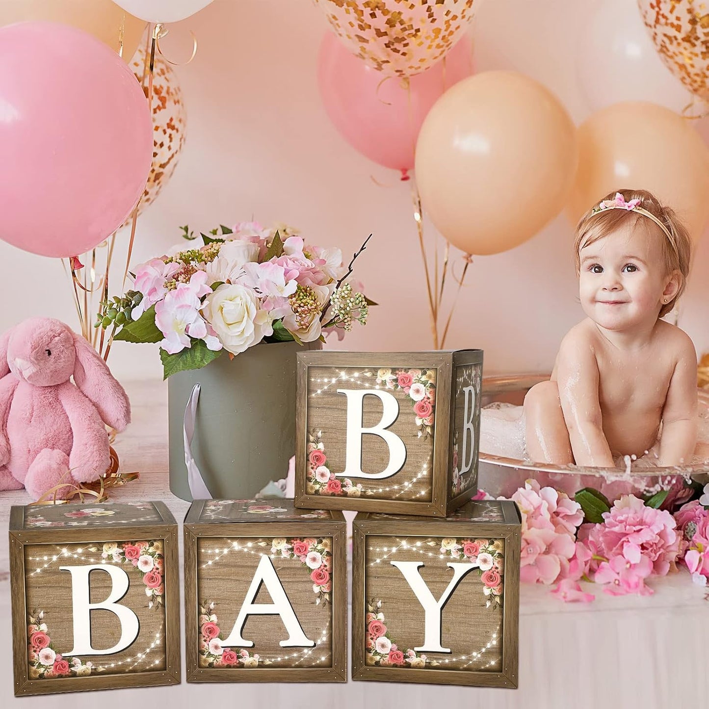 Epakh Baby Boxes with Letters for Baby Shower, Rustic Floral Brown Blocks Bear Box Birthday Party Gender Reveal Photo Props for Girl Boy