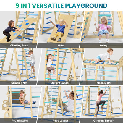 Upgraded Indoor Playground 9-in-1 Jungle Gym Kids Climbing Toys, Montessori Philosophy Waldorf Style Wooden Climber Playset with Slide, Swing, Monkey Bars, Upright/Rope Ladder, Climb Net, Rainbow
