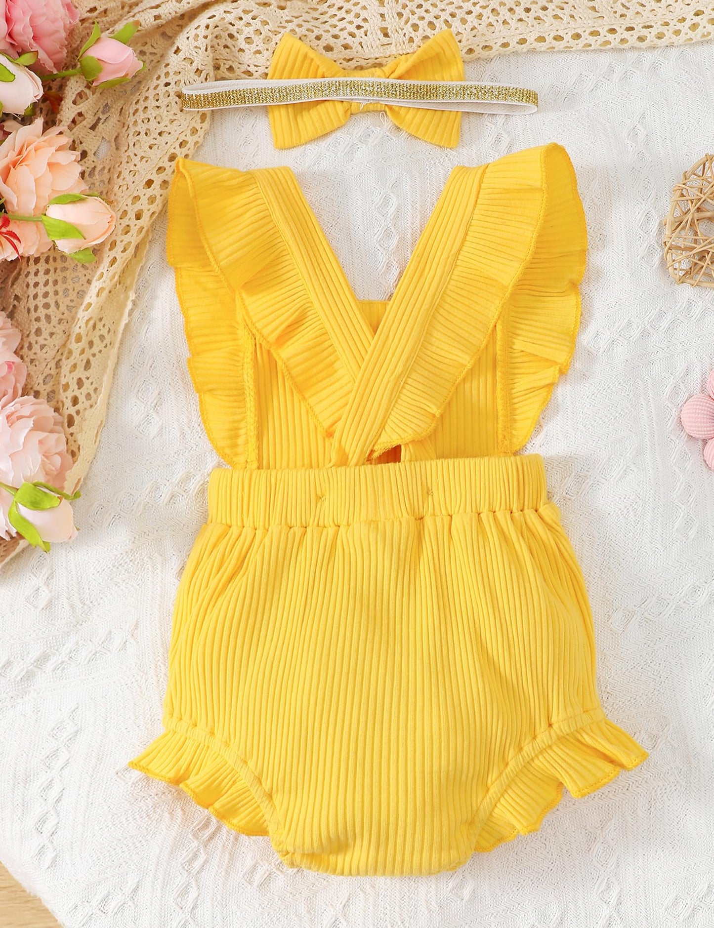 Fullfamous Baby Girl Ruffled Jumpsuit and Headband Set