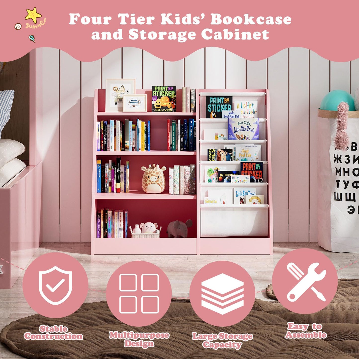 White Kids Bookshelf Wood Toy Storage Organizer Cabinet Children Bookcase Toddler Baby Sling Book Rack 3 Cube Bins Fabric Drawers for Playroom Bedroom Nursery School