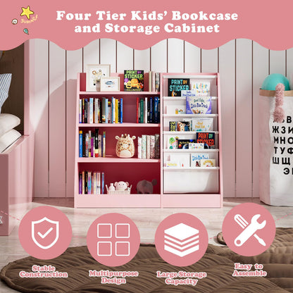 White Kids Bookshelf Wood Toy Storage Organizer Cabinet Children Bookcase Toddler Baby Sling Book Rack 3 Cube Bins Fabric Drawers for Playroom Bedroom Nursery School