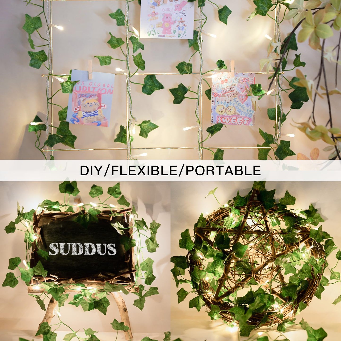 suddus Vine with Fairy Lights Battery Operated, 33ft 100 LED Ivy String Lights with Remote, Leaf Lights for Bedroom, Room, Wall, Garden, Party, Wedding Decor (Warm White)