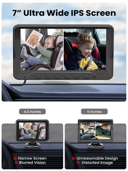 GROWNSY Baby Car Camera for 2 Kids, 7 in Ultrawide AHD Car Baby Monitor with 2 Camera, Backseat Mirror for Baby Rear Facing with Infrared Night Vision, Easily Observe Baby's Every Move