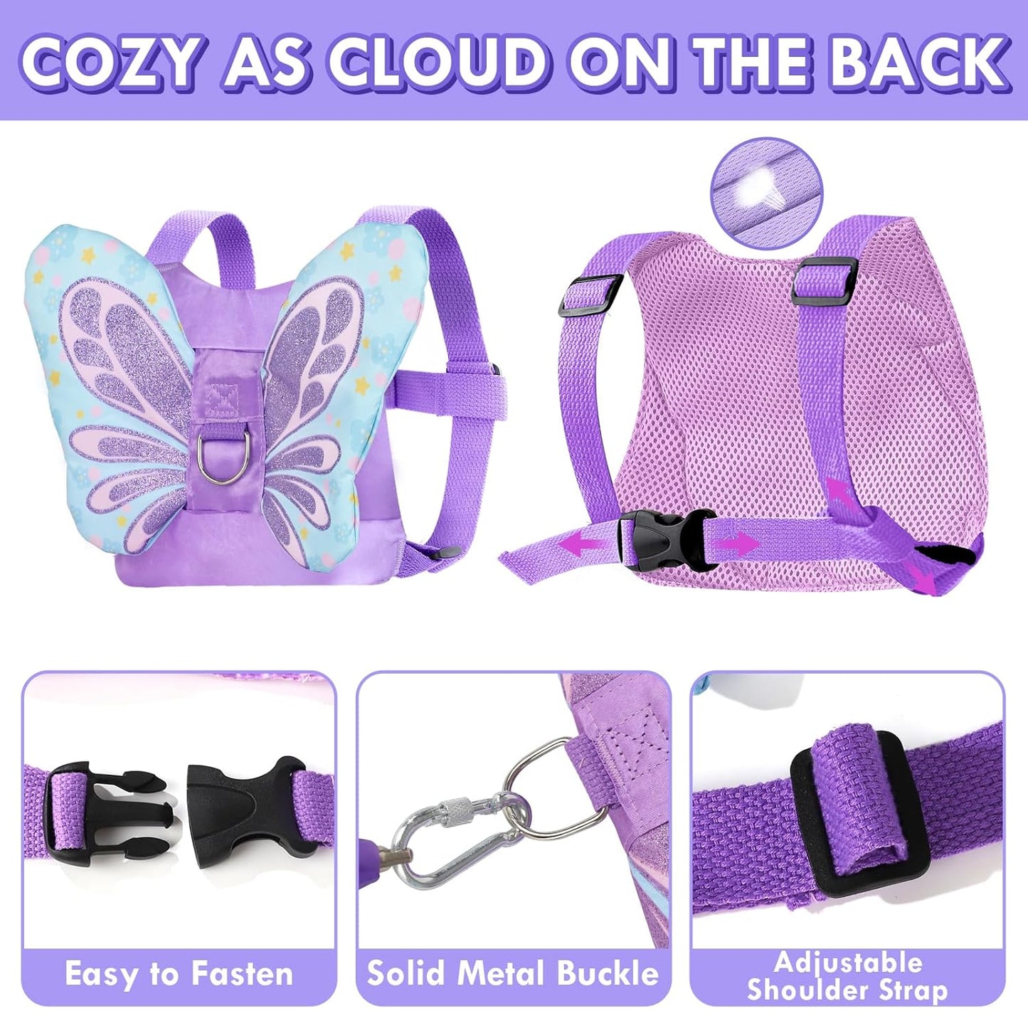 Lehoo Castle Toddler Leash for 1-5 Years, Baby Safety Harness for Girls with Anti-Lost Key Lock & Adjustable Strap, 3-in-1 Wrist Leash and Kids Backpack Harness for Walking Travel (Purple Butterfly)