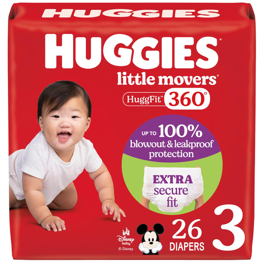 Huggies Size 4 Baby Diapers, Little Movers HuggFit 360° Baby Diapers with 360° Waistband, Size 4 (22-37 lbs), 144 Count, Packaging May Vary