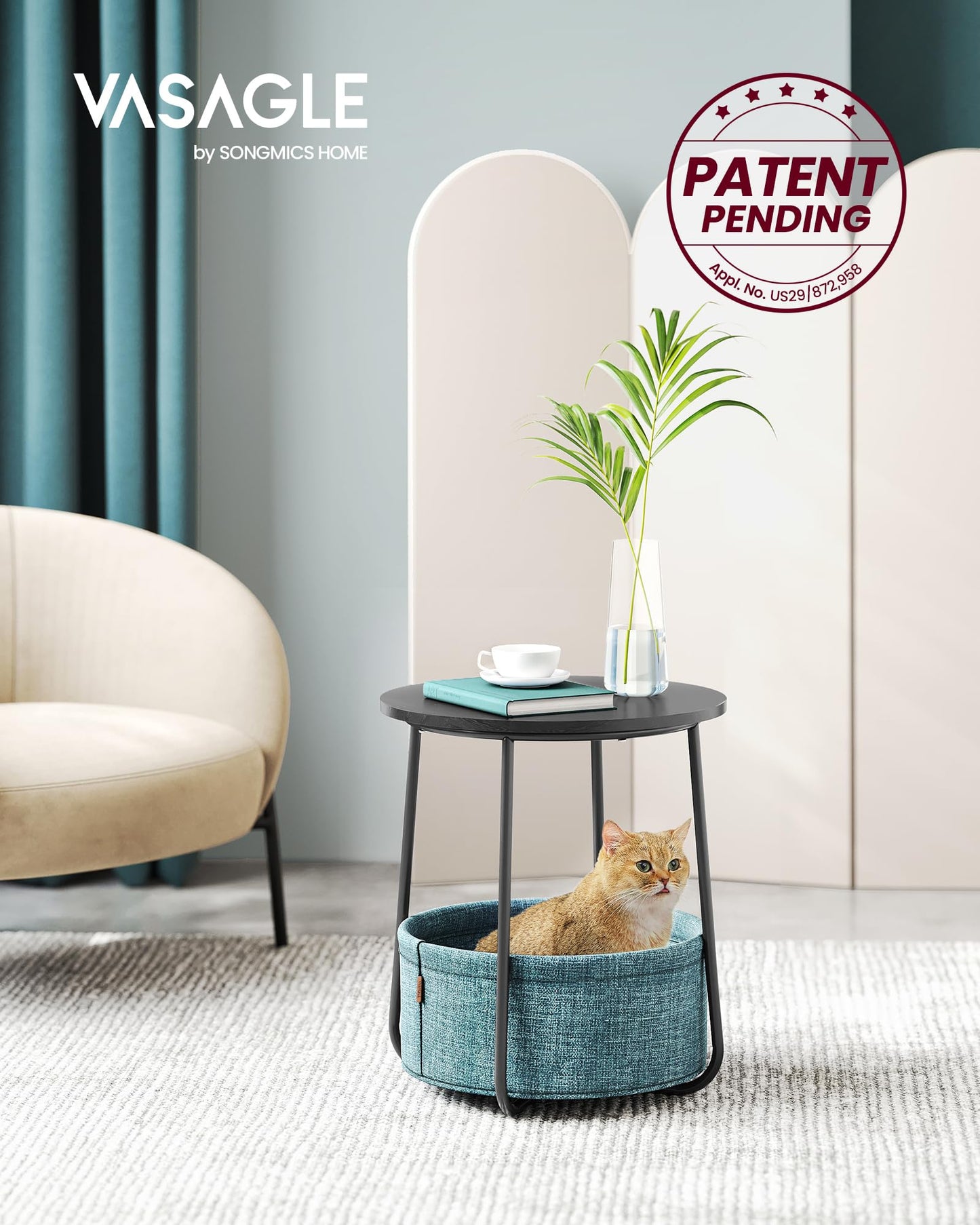 VASAGLE End Table, Small Bedside Table with Fabric Basket, Modern Nightstand, Round Side Table, for Living Room, Bedroom, Matte White and Camel Brown ULET223W10