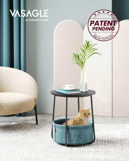 VASAGLE End Table, Small Bedside Table with Fabric Basket, Modern Nightstand, Round Side Table, for Living Room, Bedroom, Matte White and Camel Brown ULET223W10
