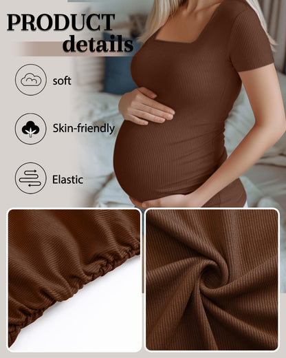 Huukeay 4 Pack Women's Maternity Shirts Cotton Ribbed Short Sleeve Square Neck Pregnancy Tops Side Ruched Summer Tee