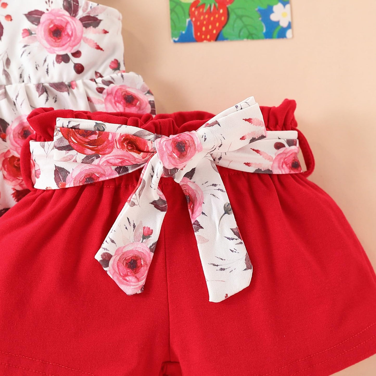 3-18M Newborn Baby Girl Pink Outfits Set Ruffle Sleeve Floral Top + Soild Shorts with Belt