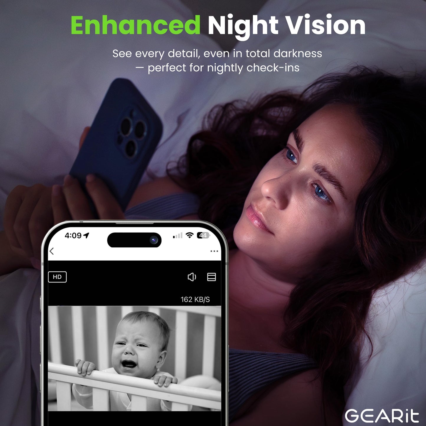 GEARit Baby Monitor with Camera & Audio 2K Video with Motion & Crying Detection, 2 Way Audio Easy WiFi Setup, Remote Monitoring - Easy to Set Crib Monitor with Adjustable Stand