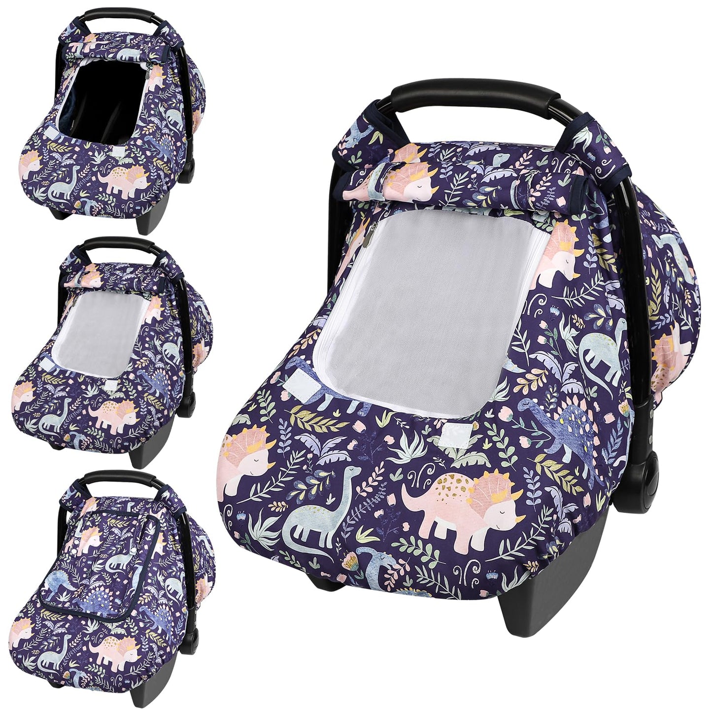 Pea Pod Car Seat Cover Baby, Infant Car Seat Canopy Covers for Newborn with 2 Layers Windows of Breathable Mesh Fabric, Lightweight Polyester/Soft Minky Dot Backing (Floral & Rainbow)